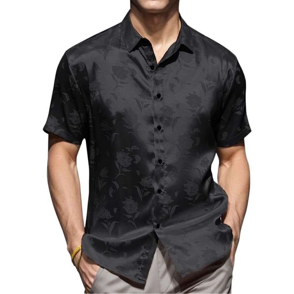 Forever Young Satin Jacquard Black Floral Shirt Size Medium